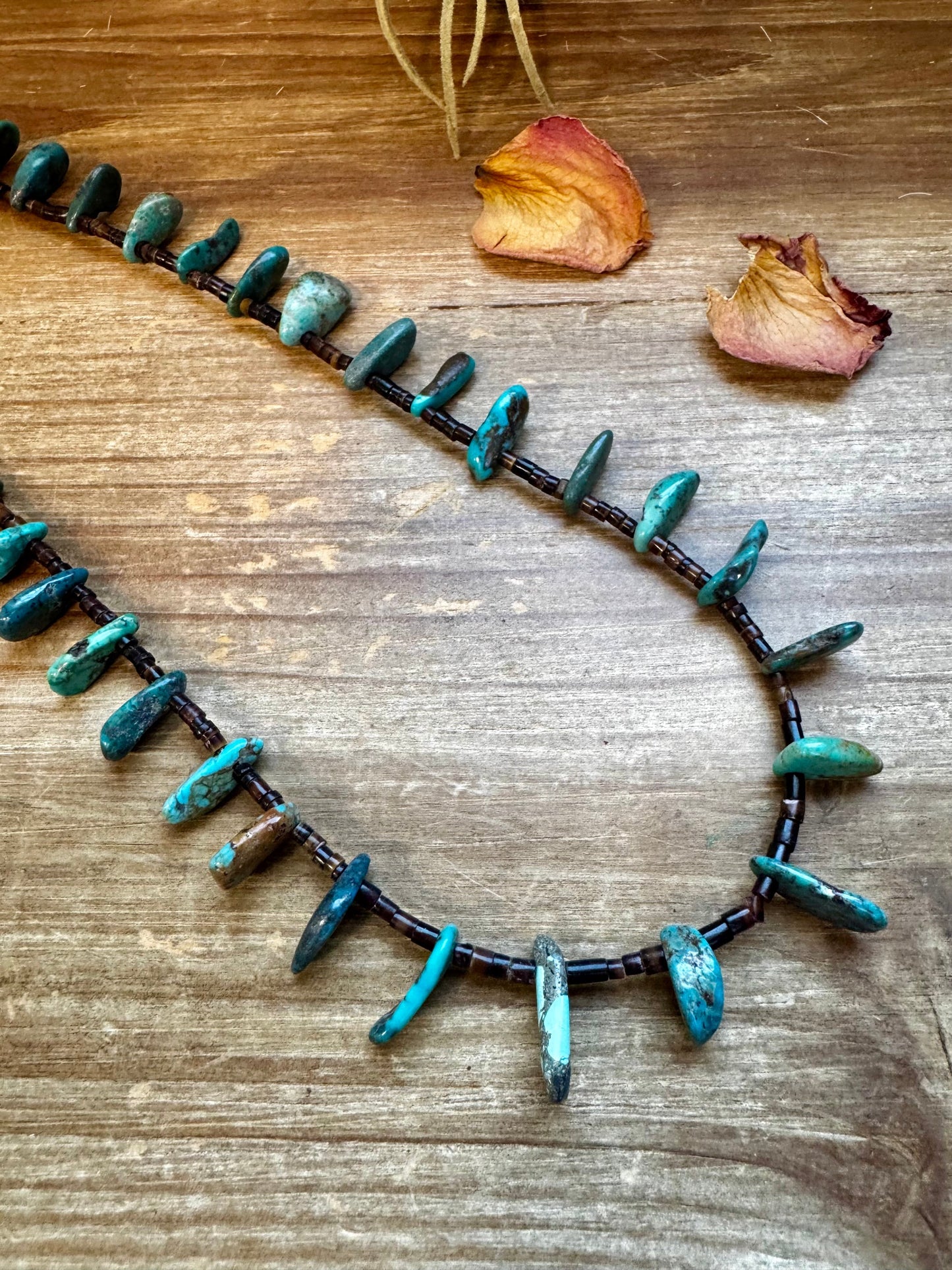 30 inch long shell and turquoise necklace