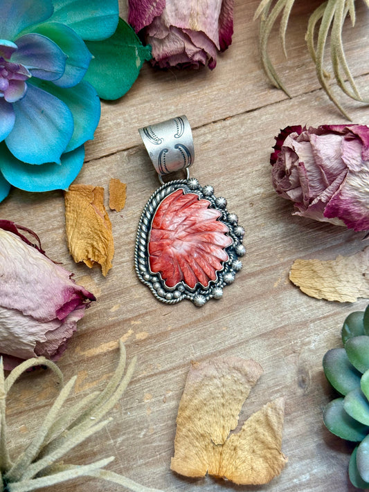 83 - Sterling Silver Red Spiny Oyster Chief Head Pendant by Shay Pfeiffer