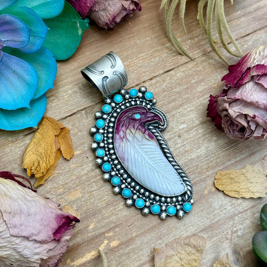 81 - Sterling Silver Kingman Turquoise & Purple Spiny Oyster Eagle Pendant by Shay Pfeiffer