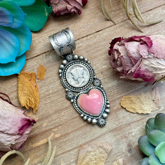 75 - Sterling Silver Pink Conch & Mercury Dime Pendant by Shay Pfeiffer