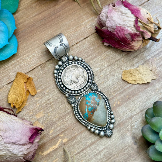 71 - Sterling Silver Easter Blue Turquoise & Buffalo Nickel Pendant by Shay Pfeiffer