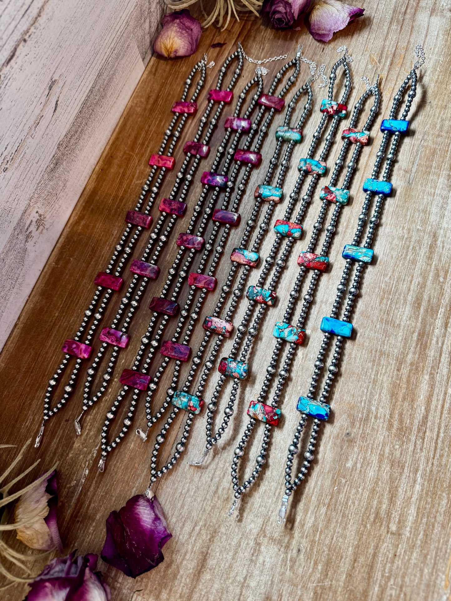 Green Double Strand Necklace – 13” Beaded – Sterling Silver Pearls & Rectangle Variscite