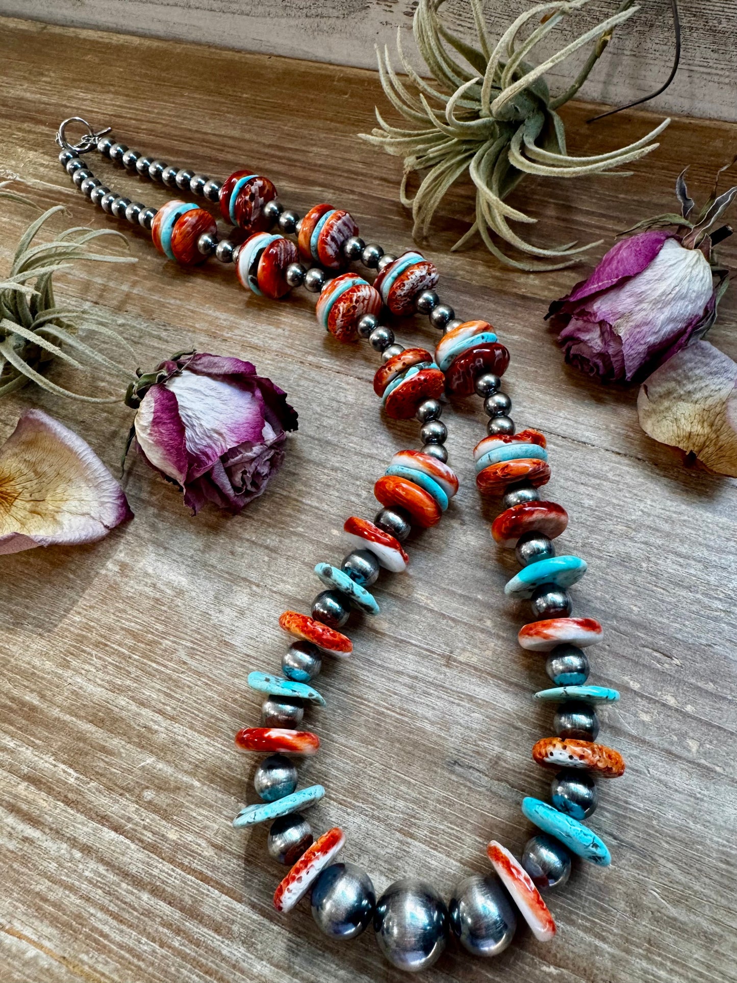 NFR Collection Necklace – Sterling Silver Pearls with Blue Turquoise & Spiny Oyster – Handmade by The Bijoux FAB – 29"