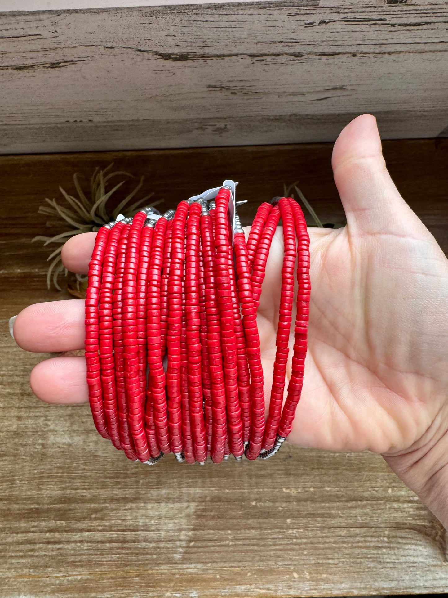 15-Inch Red Magnesite Heishi Necklace – Sterling Silver Pearls, Handmade