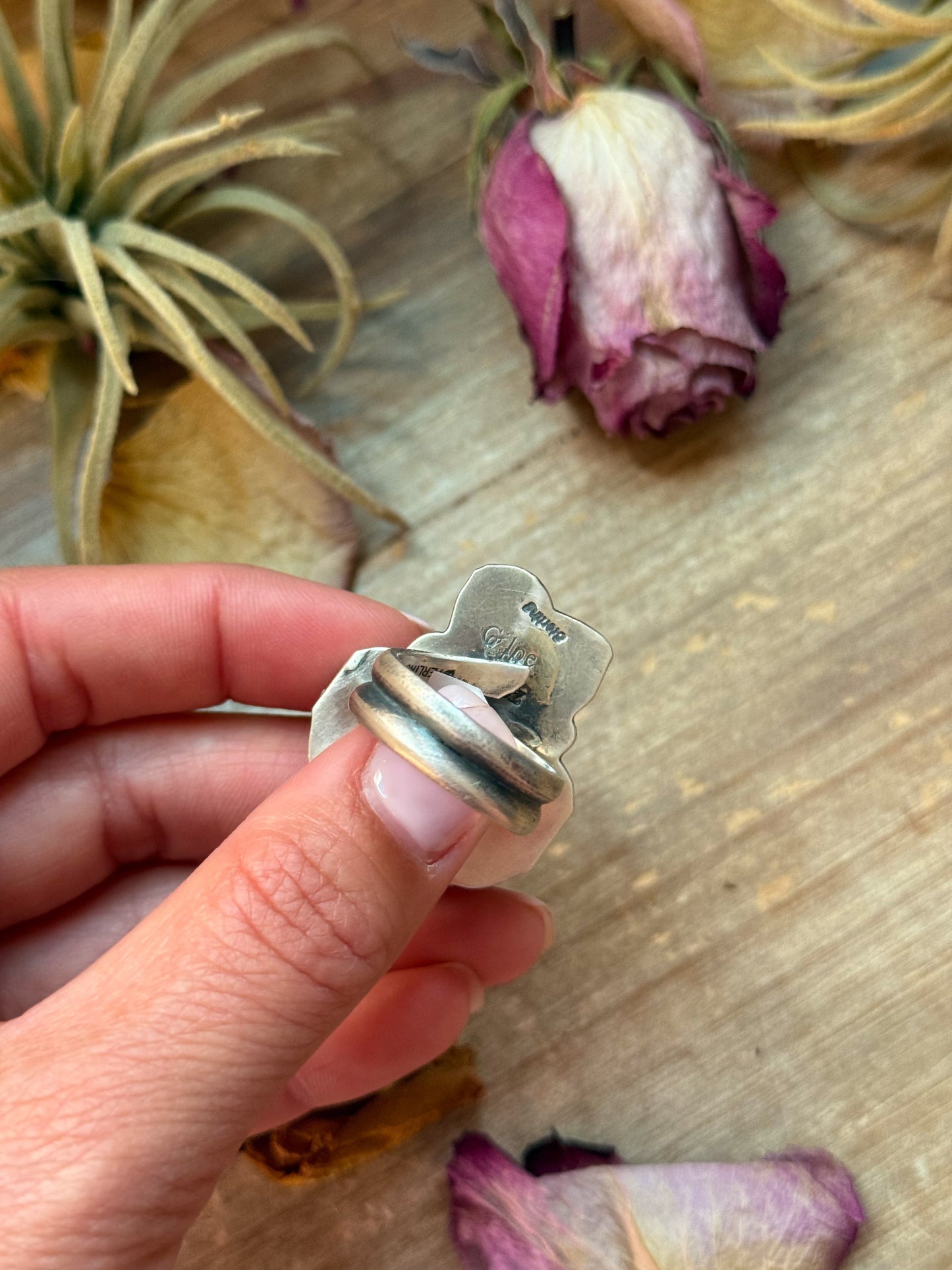 Pink Conch, Kingman Turquoise & White Buffalo Sterling Silver Ring – Adjustable (Size 9+)