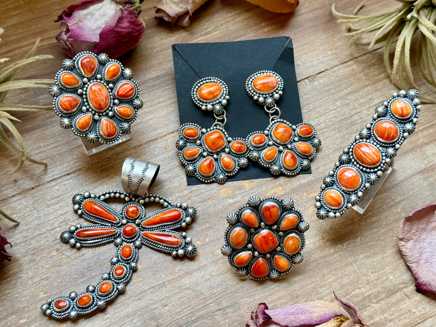 Sterling Silver Orange Spiny Oyster Half Cluster Dangle Earrings – Artist Shay Pfeiffer