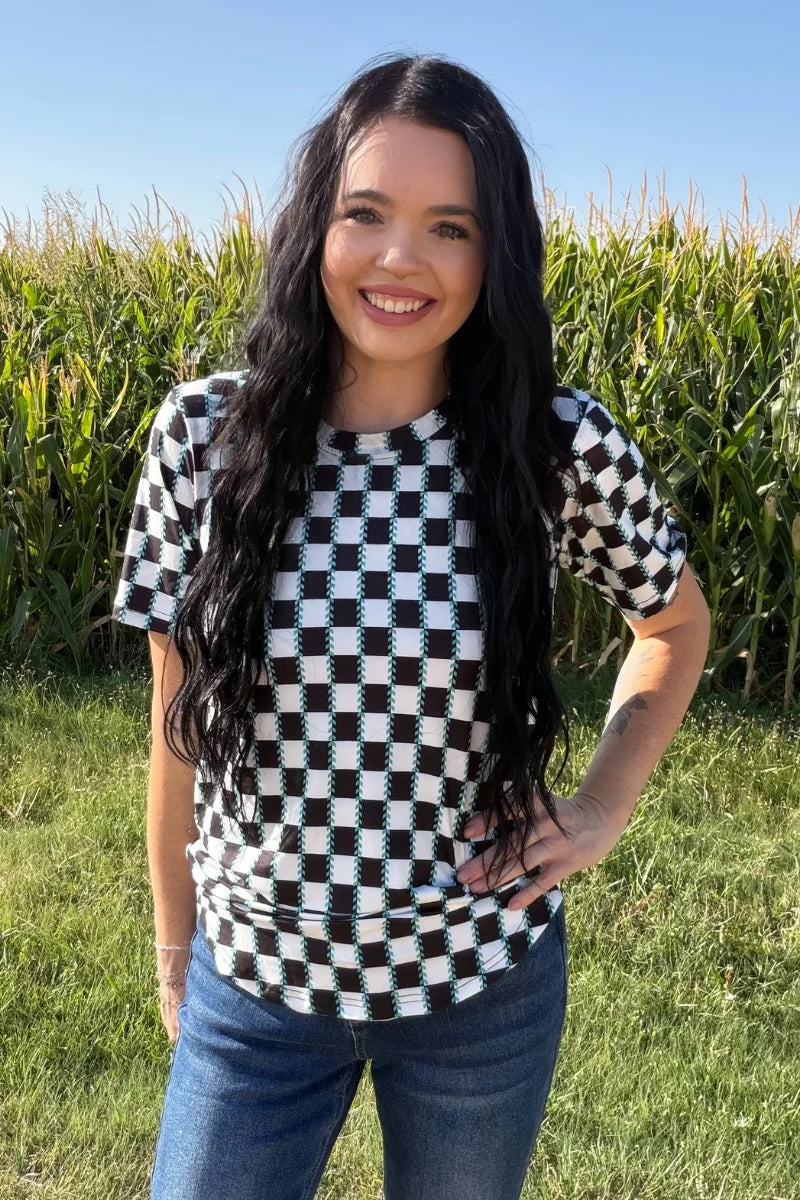 CHECKED IN TURQUOISE TOP