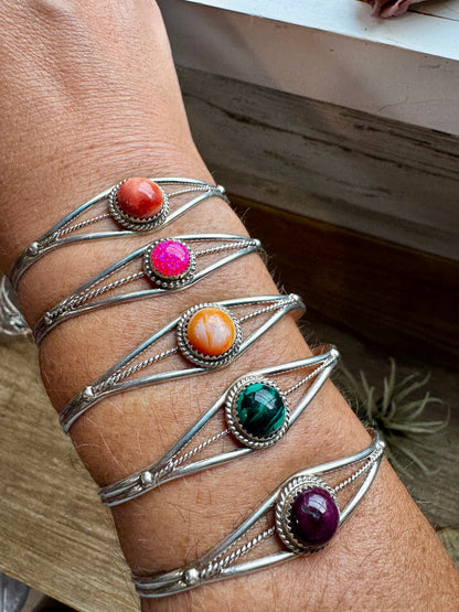 Multistone Cuff Bracelet – Malachite, Spiny Oyster, or Pink Opal – Sterling Silver - pick yours