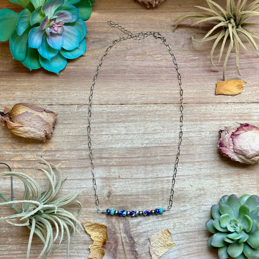 Sterling Silver Pearl & Lapis Turquoise Mix Paperclip Chain Necklace