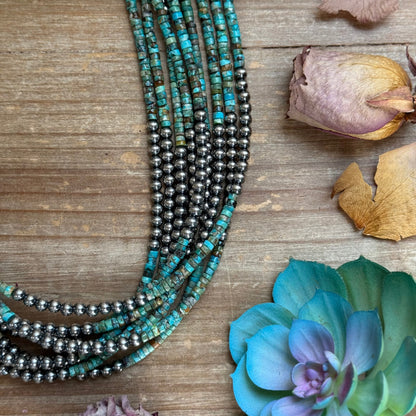 20” Heishi Turquoise Necklace – 4mm Turquoise & 5mm Sterling Silver Pearls