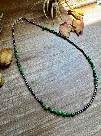 19” Necklace – Sterling Silver Pearls & Bright Green Nugget Turquoise