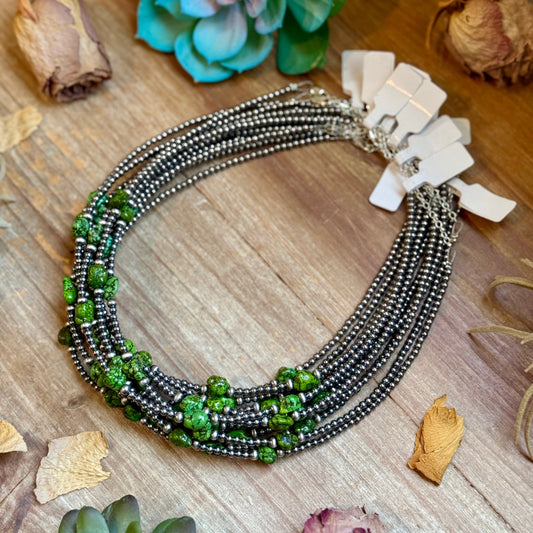 Green Nugget Turquoise & Sterling Silver Pearl Necklace