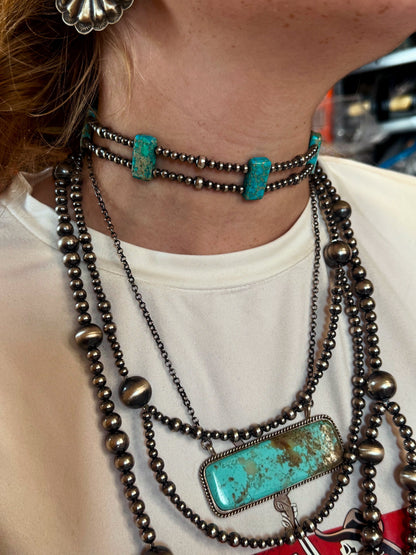 Pink/turquoise Double Strand Necklace – 13” Beaded – Sterling Silver Pearls & Rectangle Variscite