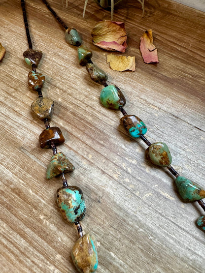 34-Inch Long Turquoise Nugget & Brown Shell Necklace