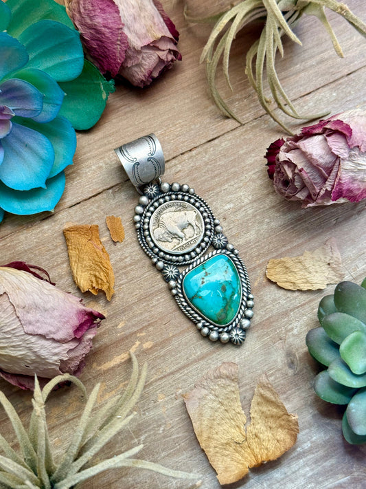 70 - Sterling Silver Pilot Mountain Turquoise & Buffalo Nickel Pendant by Shay Pfeiffer