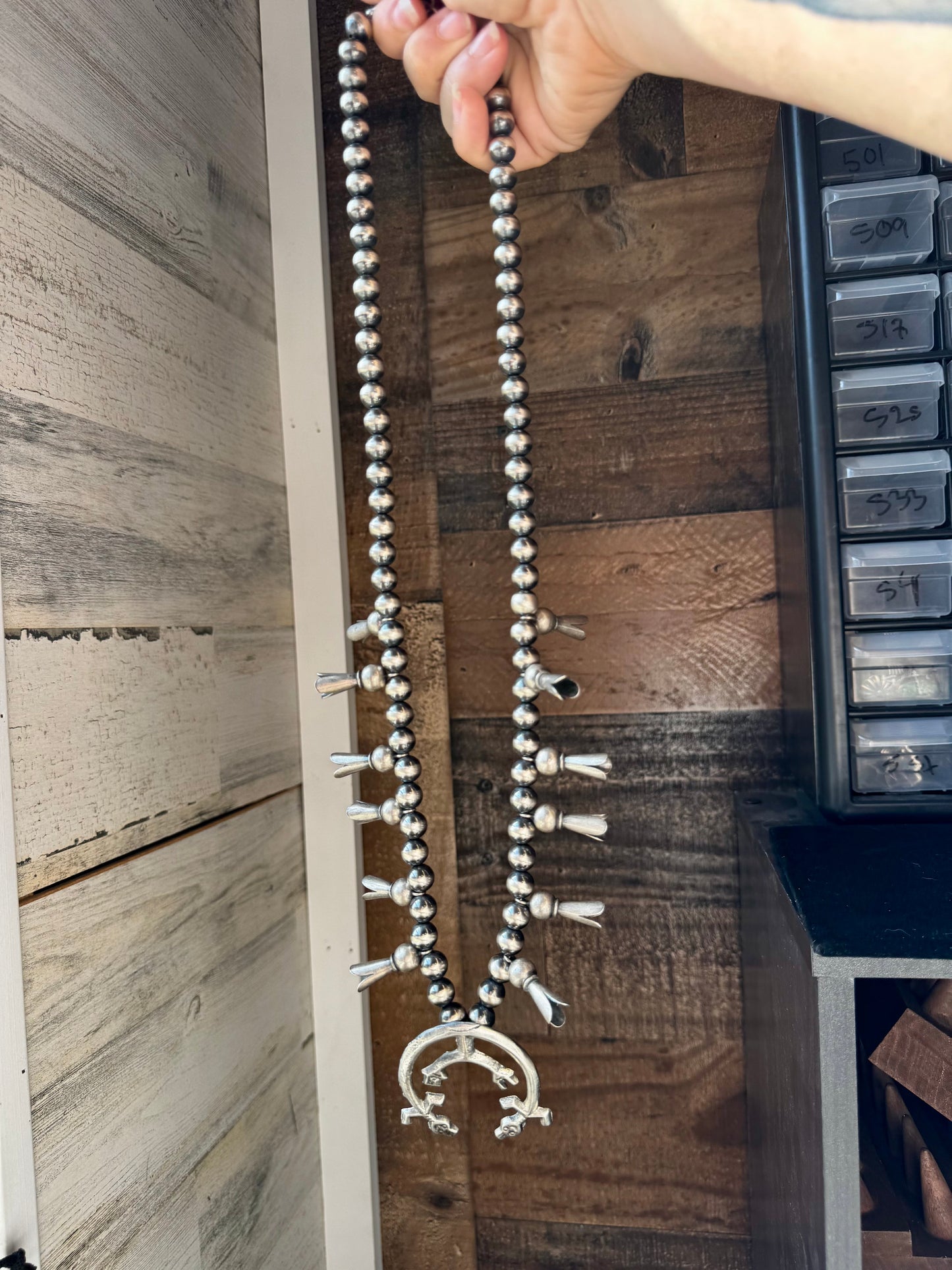 Squash Blossom–Style Necklace – Sterling Silver – 10mm Beads – 30"