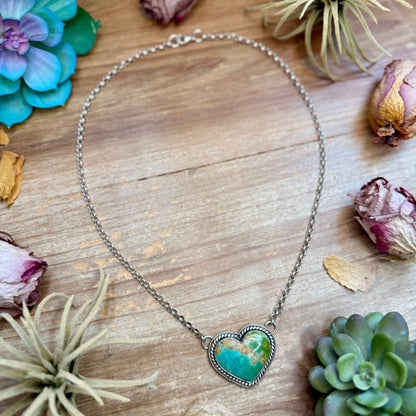 101 - Sterling Silver Kingman Turquoise Heart Bar Necklace by Jason Ogg