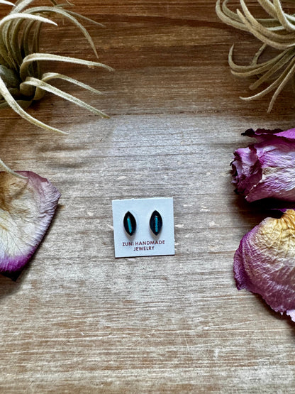 Mini Inlay Earrings – Kingman Turquoise – Sterling Silver – Zuni Made