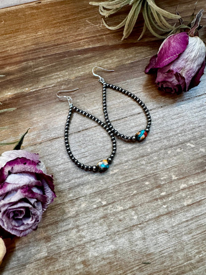 Mixed Turquoise & Spiny Oyster Teardrop Earrings – Sterling Silver Pearls