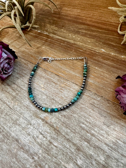 African Turquoise & Sterling Silver Pearl Bracelet – 3mm