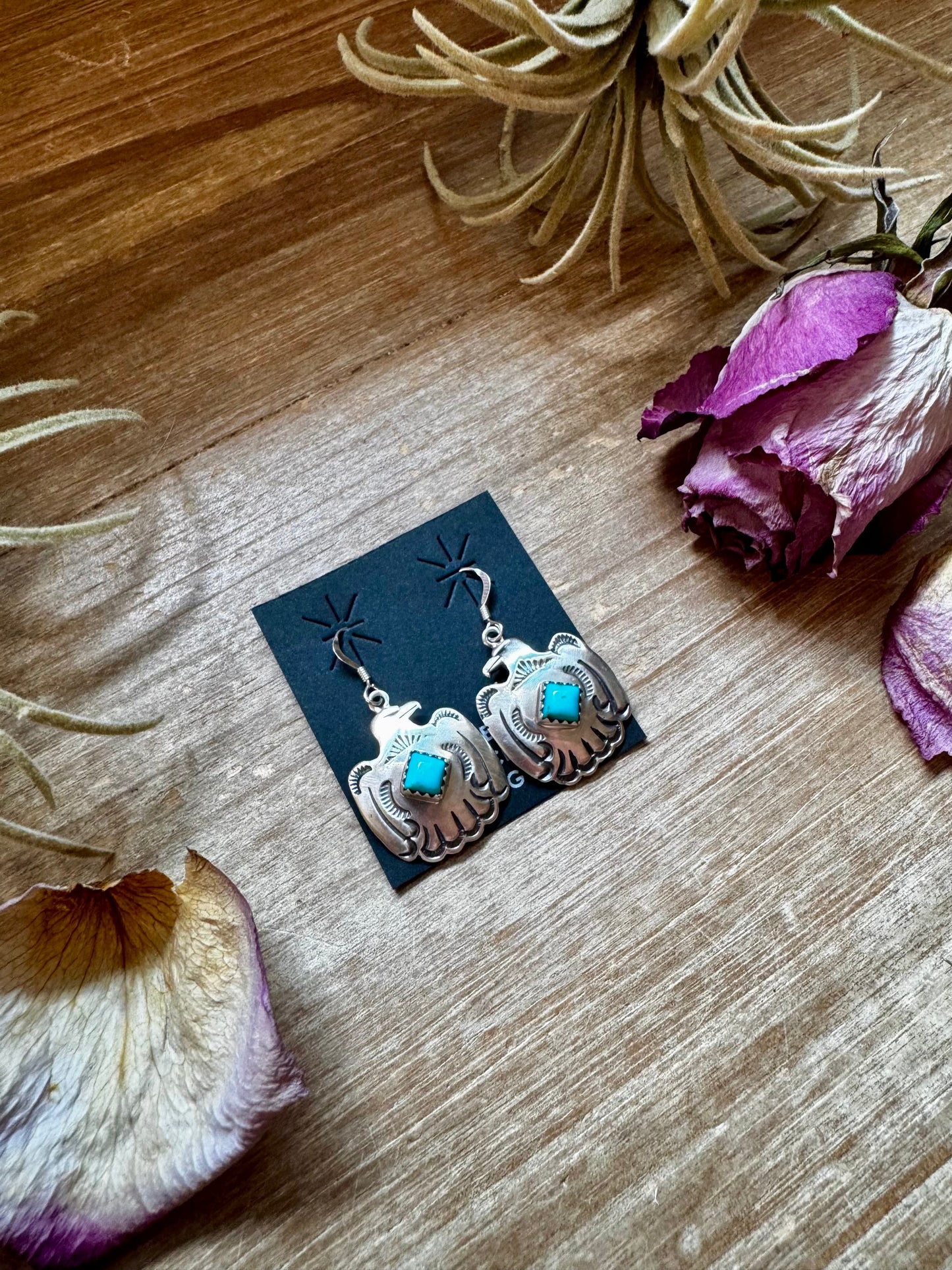 Eagle Bird Dangle Earrings with Kingman Turquoise