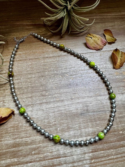 Silver-Plated Chain Necklace – 6mm Beads & 8mm Green Variscite – 18.5"