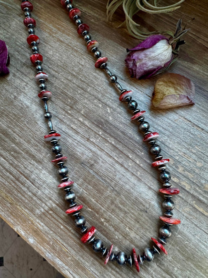 NFR Collection Necklace – Sterling Silver Torpedo Pearls with Red Spiny Oyster – Handmade by The Bijoux FAB – 39"