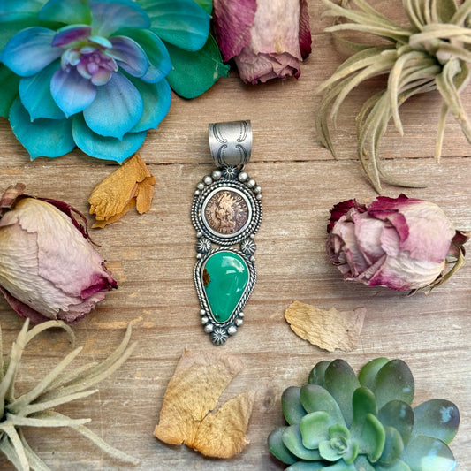 66 - Sterling Silver Royston Turquoise & Indian Head Penny Pendant by Shay Pfeiffer