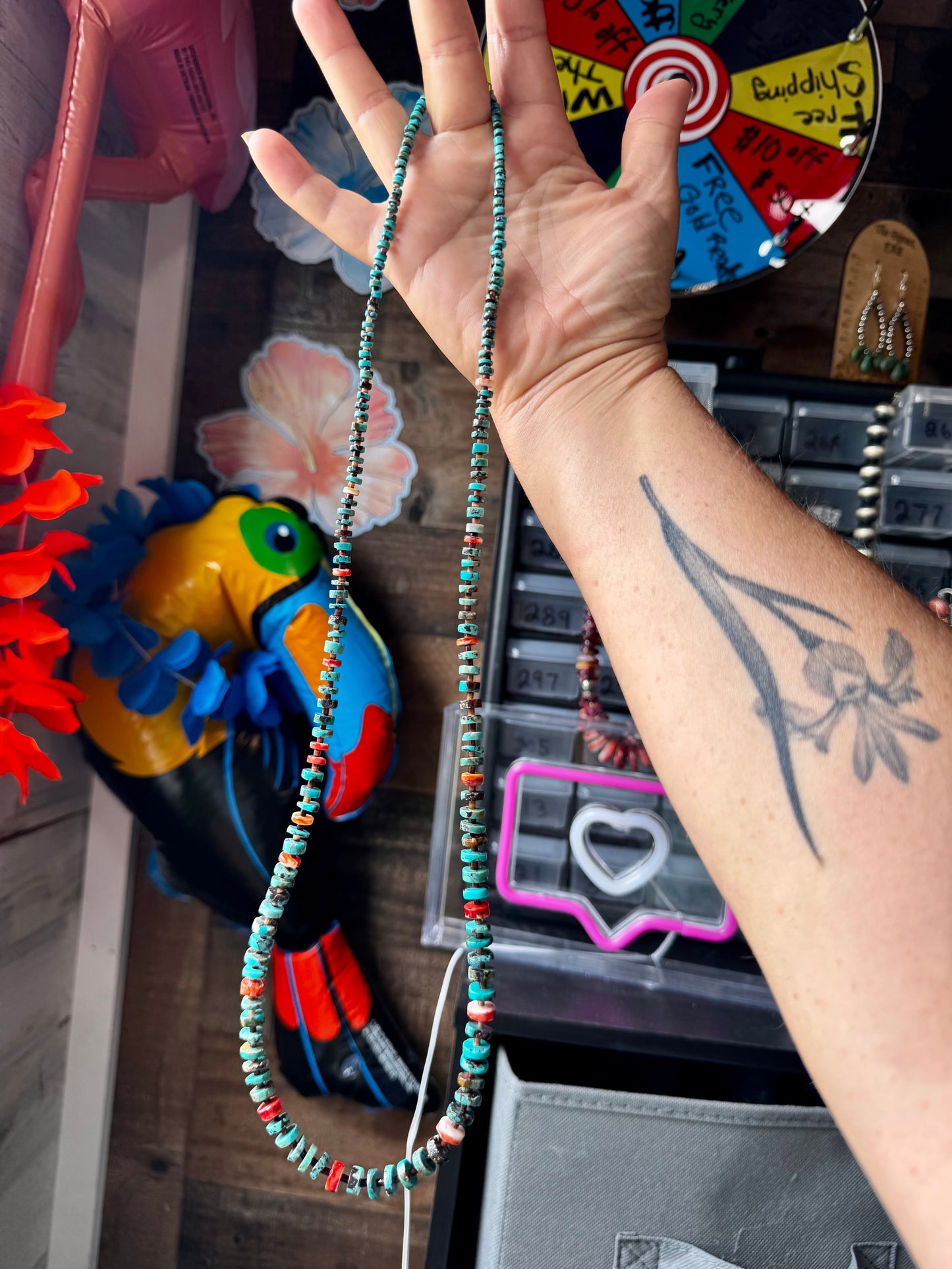 26” Dark Blue Rondelle Turquoise & Spiny Oyster Necklace