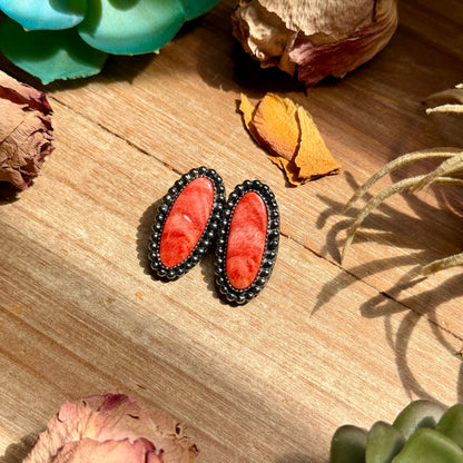MJ Red Spiny Oyster Long Oval Stud Earrings with Beaded Wire