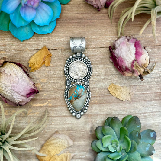 71 - Sterling Silver Easter Blue Turquoise & Buffalo Nickel Pendant by Shay Pfeiffer