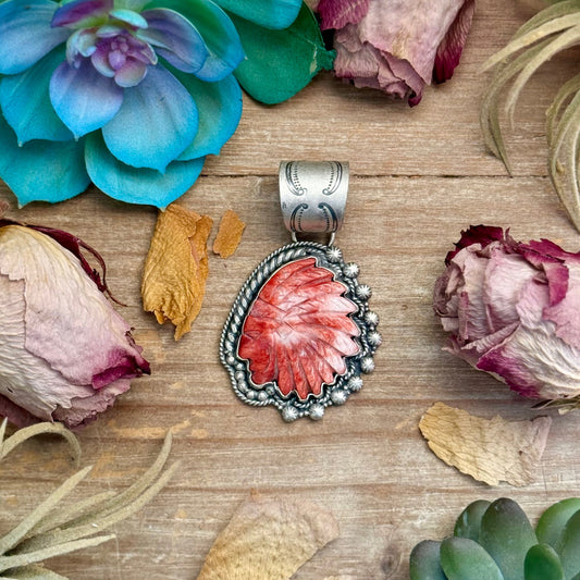 83 - Sterling Silver Red Spiny Oyster Chief Head Pendant by Shay Pfeiffer