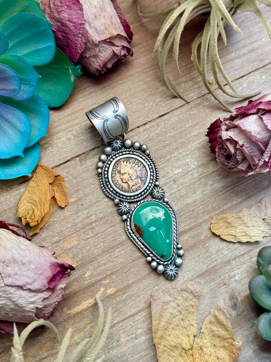 66 - Sterling Silver Royston Turquoise & Indian Head Penny Pendant by Shay Pfeiffer