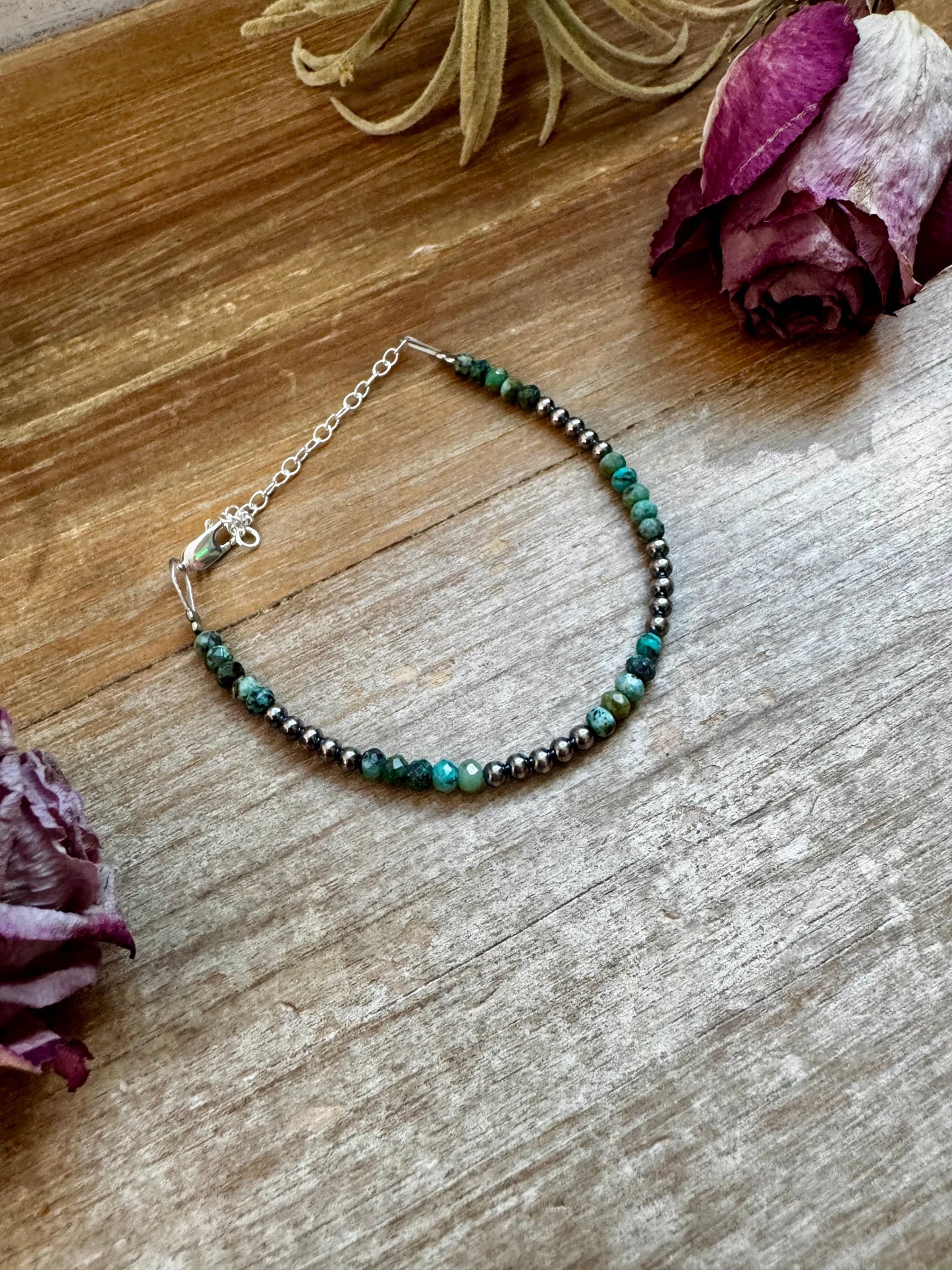 African Turquoise & Sterling Silver Pearl Bracelet – 3mm