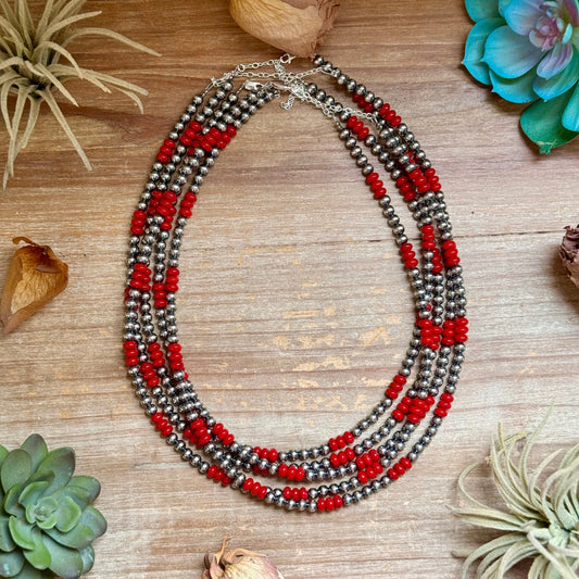 18-Inch Red Coral & Sterling Silver Pearl Necklace