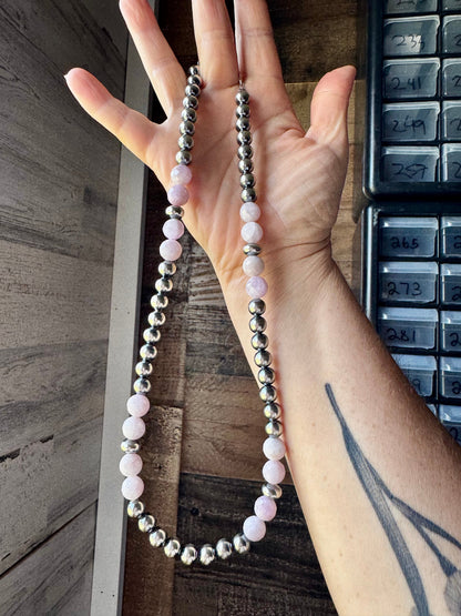 Faceted Kunzite & Sterling Silver Necklace – 8 mm Pearls – 20 Inch