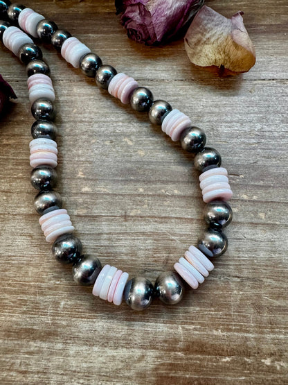 NFR Collection Necklace – 12mm Sterling Silver Pearls with 10mm Pink Conch Rondelles – Handmade by The Bijoux FAB – 30"