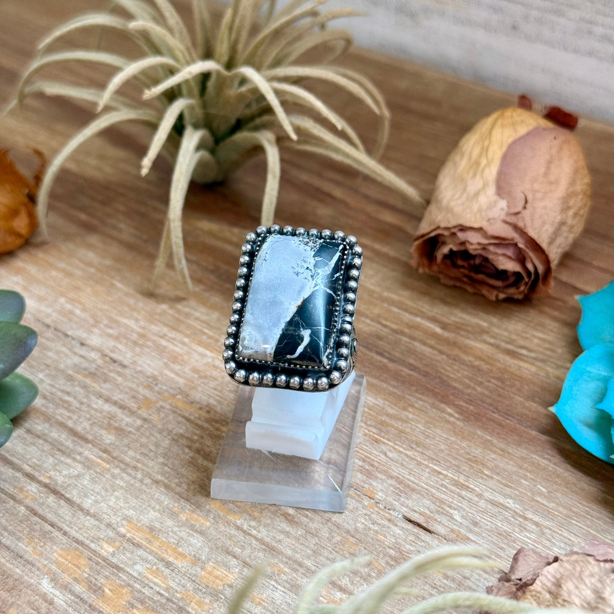MJ Rectangle White Buffalo Adjustable Ring