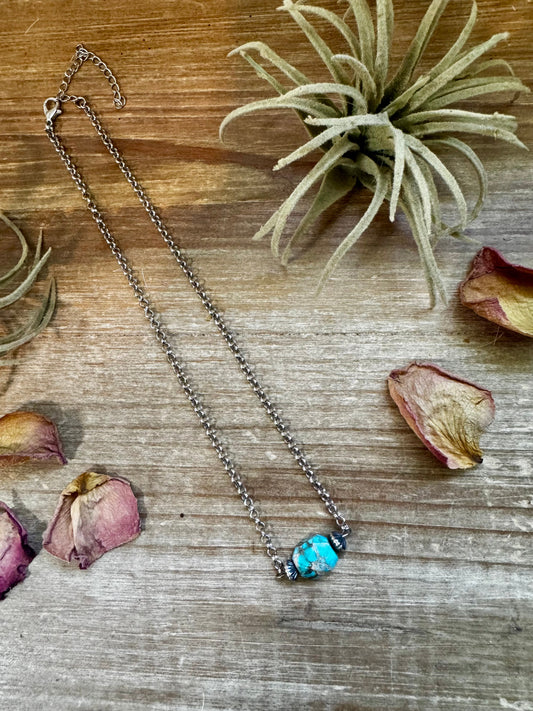 16 inch long necklace with saucer Sterling Silver Pearls and turquoise Variscite