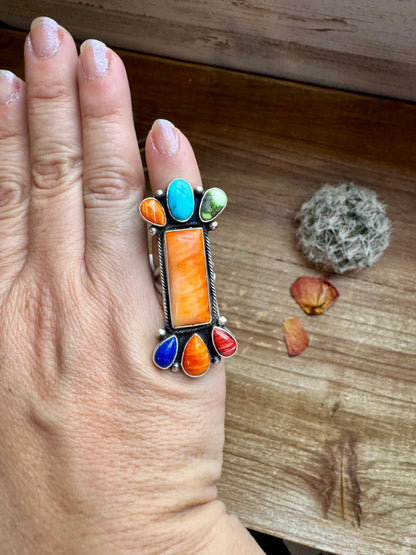 Long Ring- Size 5 - mix stone turquoise, spiny and sterling silver