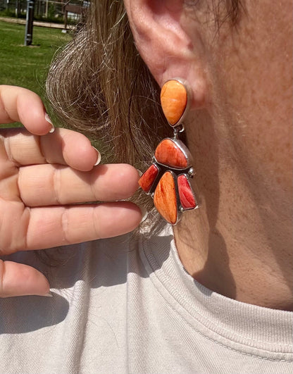 Spiny Oyster & Orange Cluster Earrings – Dangle with Stud Post
