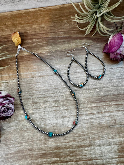 Mixed Turquoise & Spiny Oyster Teardrop Earrings – Sterling Silver Pearls