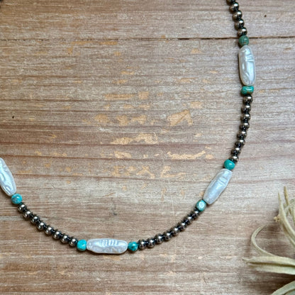18-Inch Turquoise, White Freshwater Pearl Necklace