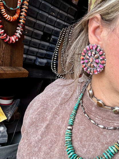 Giant Cluster Earrings – Pink Dahlia Color & Sterling Silver - One of a kind