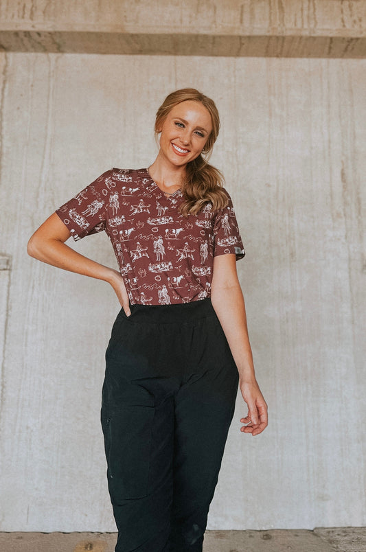 Wine Old West Scrub Top