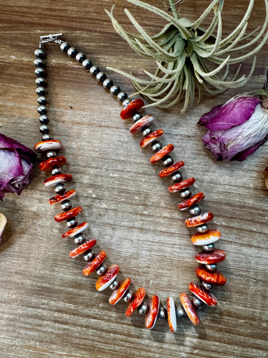 NFR Collection Necklace – 8mm Sterling Silver Pearls with 16mm Spiny Oyster Rondelle – Handmade by The Bijoux FAB – 20"