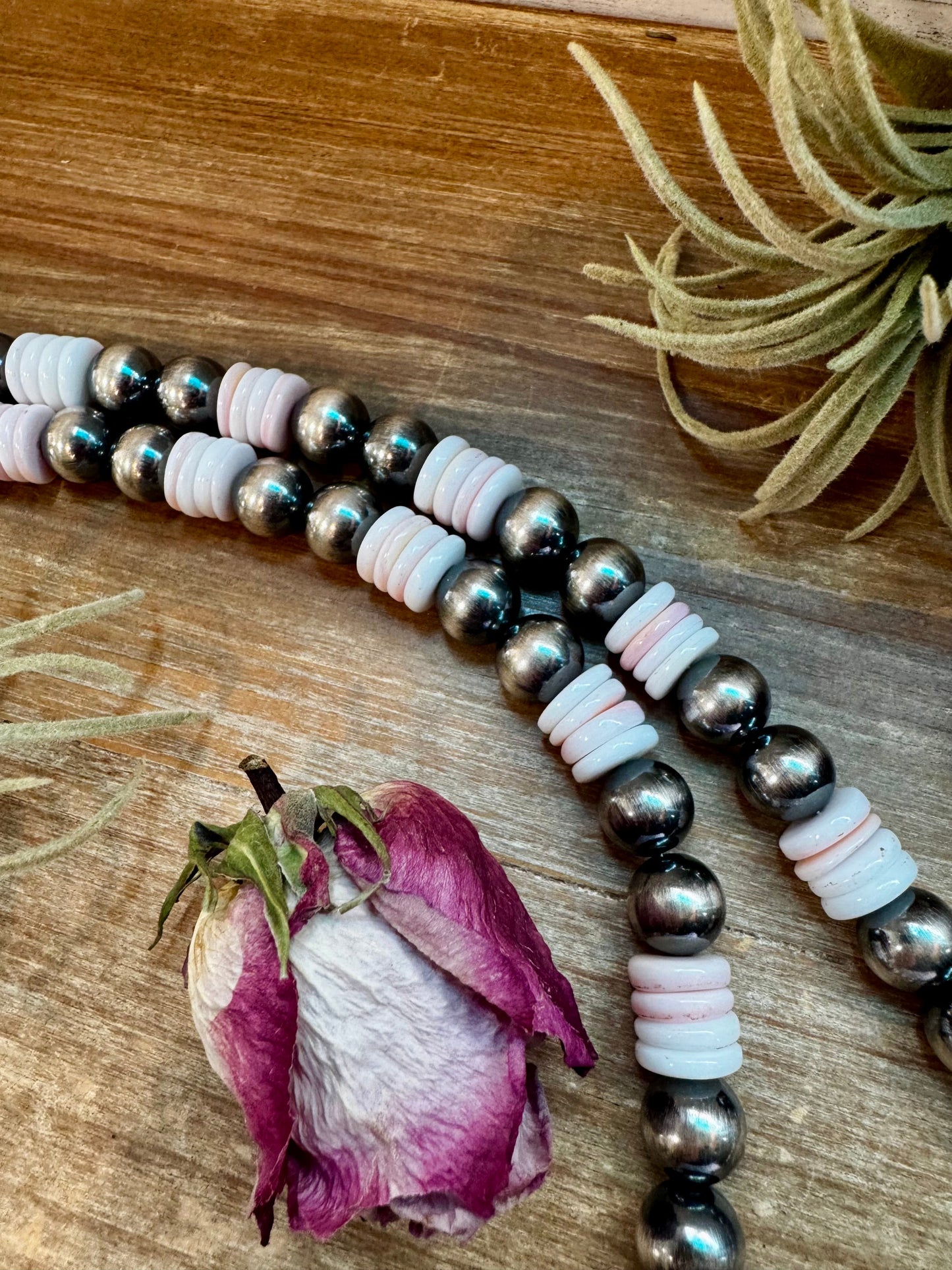 NFR Collection Necklace – 12mm Sterling Silver Pearls with 10mm Pink Conch Rondelles – Handmade by The Bijoux FAB – 30"