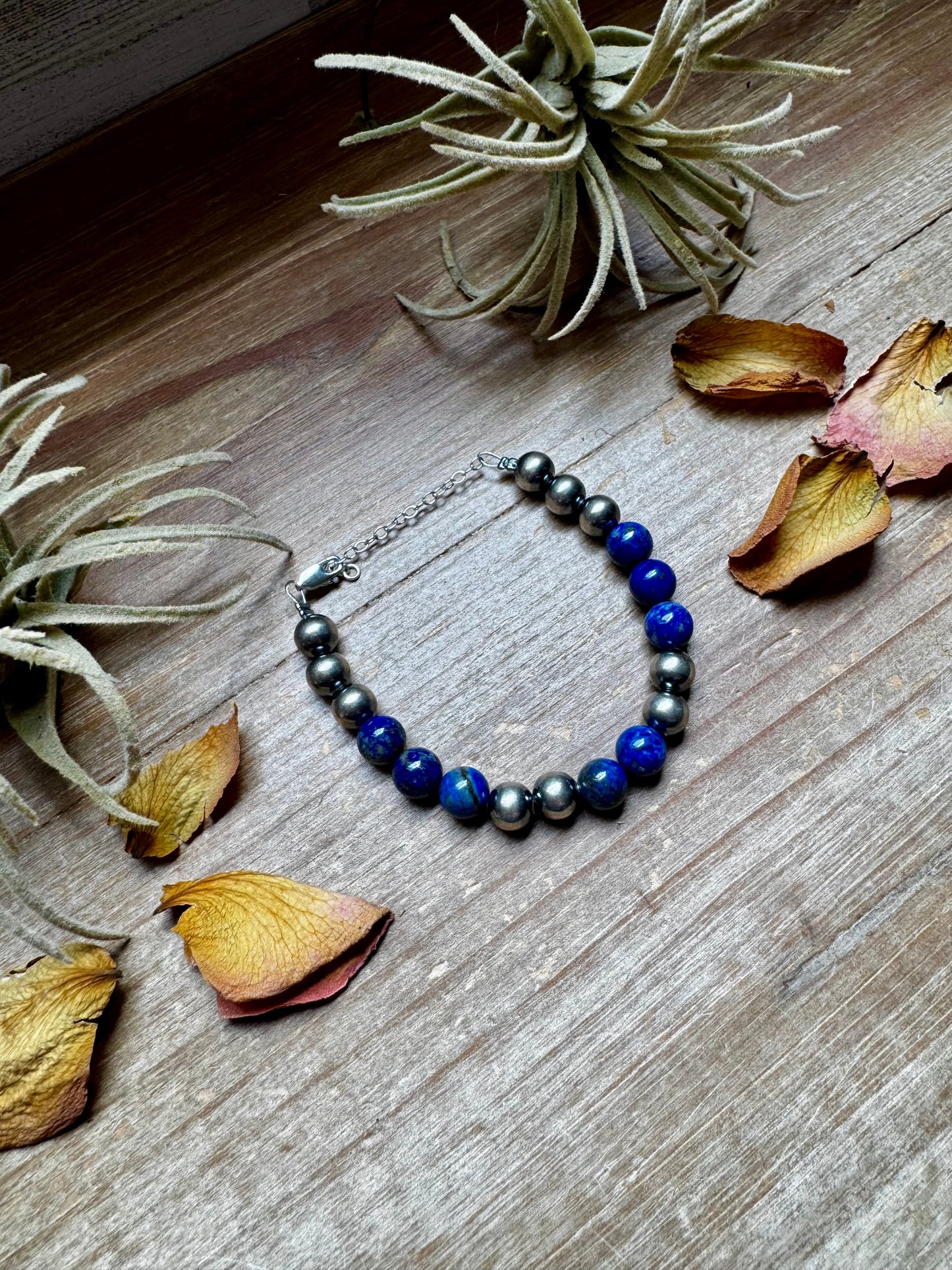 Lapis & Sterling Silver Bracelet – 6.5 Inch + Extender – 8 mm Round Beads