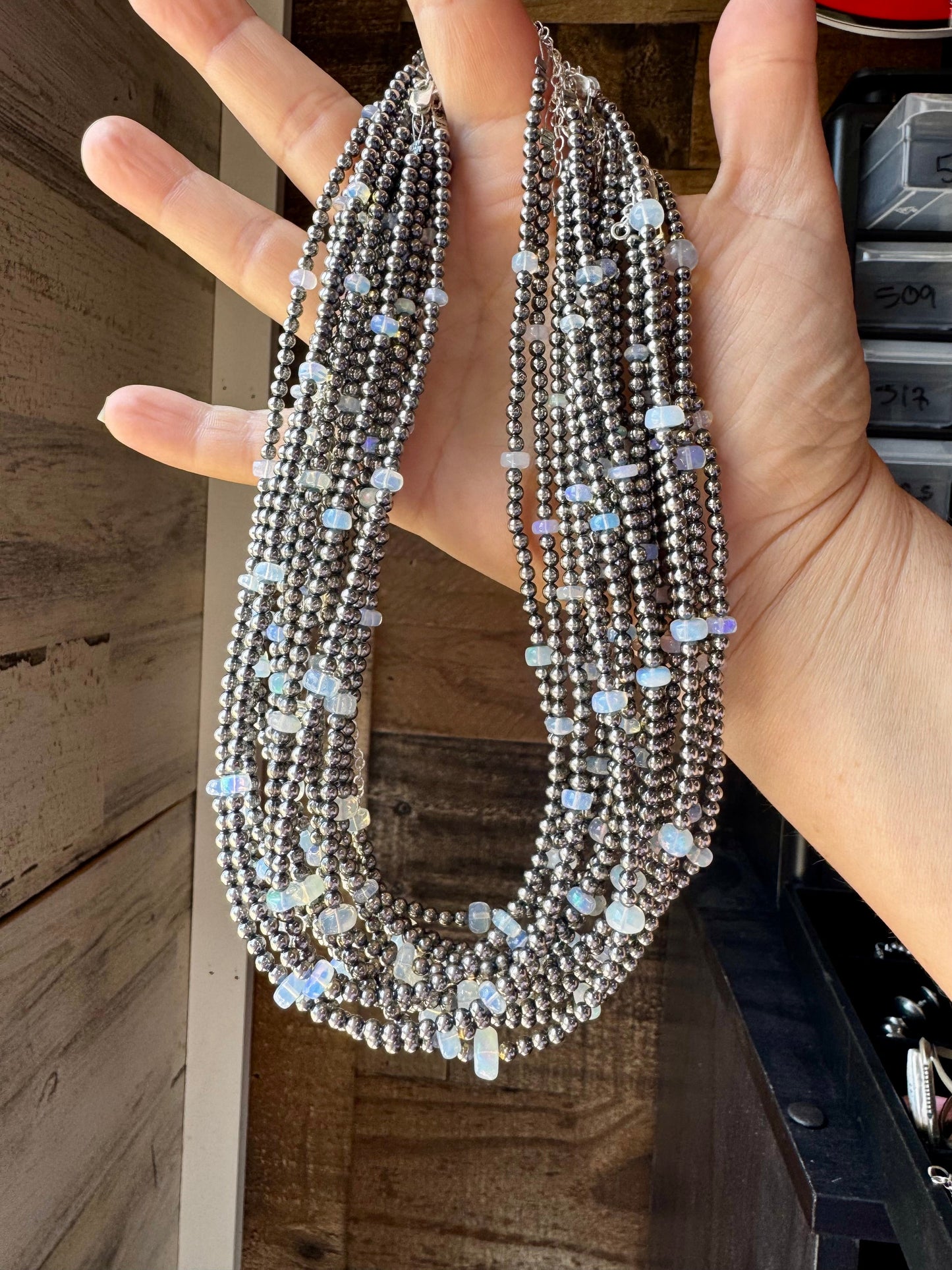 15" White Opal Necklace with Sterling Silver Pearls