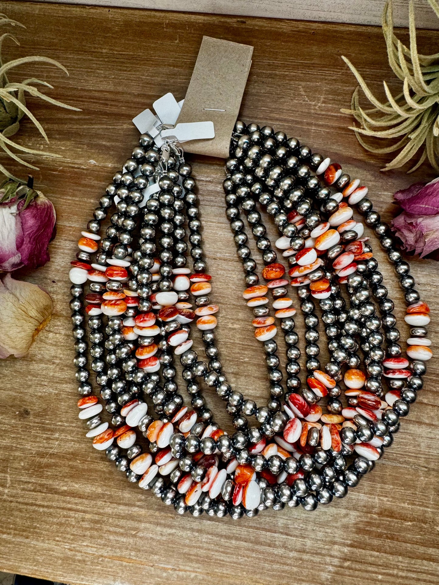 Spiny Oyster &amp; Sterling Silver Pearl Necklace – 8mm – Handmade by The Bijoux FAB – 17.5"